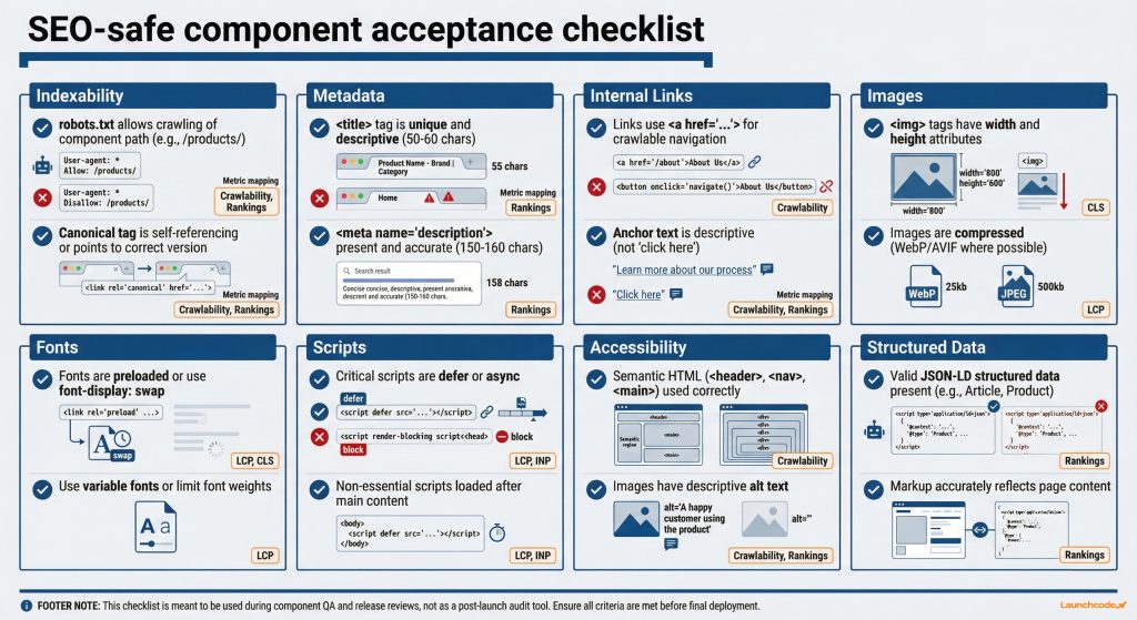 SEO-safe component acceptance checklist with pass and fail examples