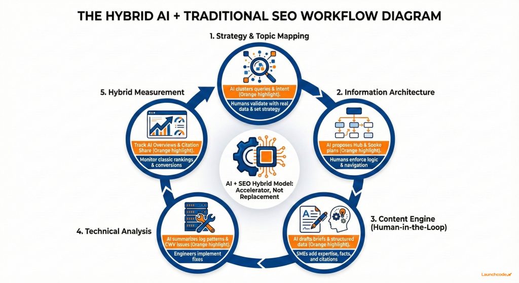 Integrating AI with traditional SEO techniques 1 The Hybrid AI Traditional SEO Workflow Diagram