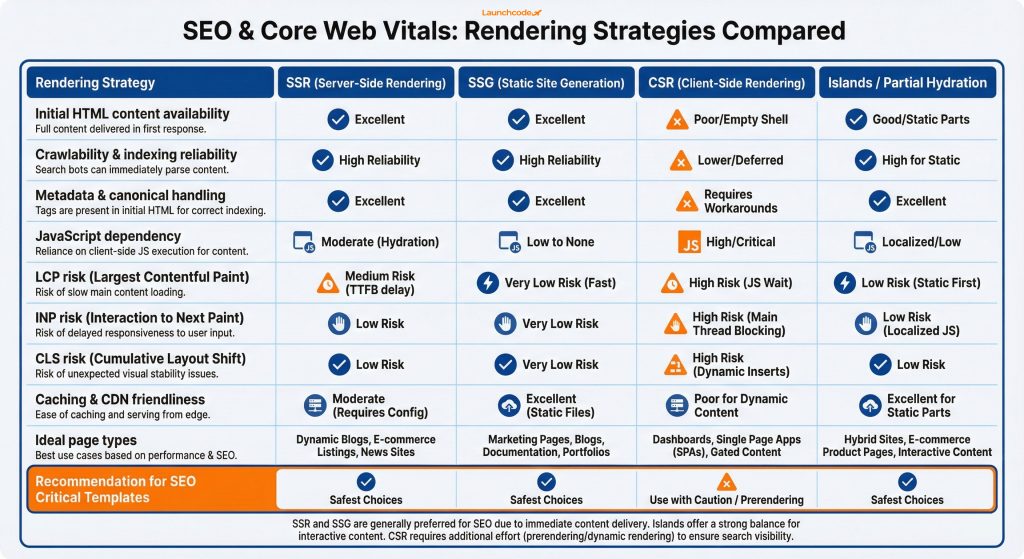 rendering strategies compared for SEO, crawlability, and Core Web Vitals