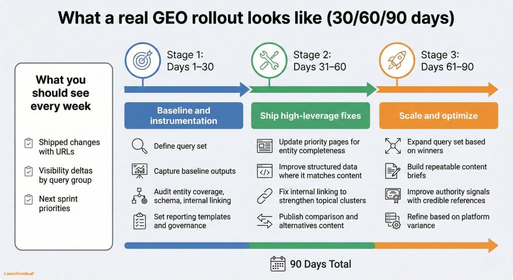 How to compare GEO services agencies 3 30 60 90 GEO implementation roadmap