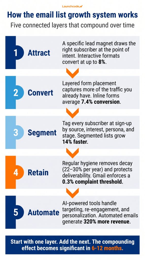 How to build an email list: Strategies that actually grow your audience 5 The email list growth system — five layers