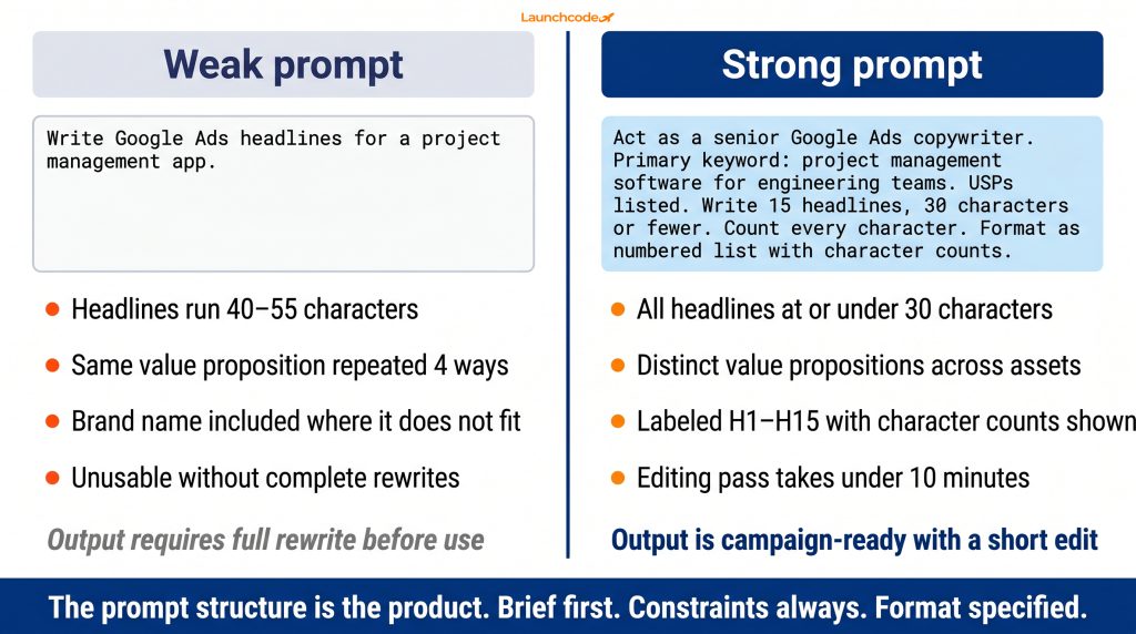 Weak prompt vs. strong prompt — a side-by-side comparison