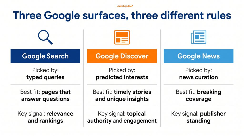 Discover versus search versus Google News