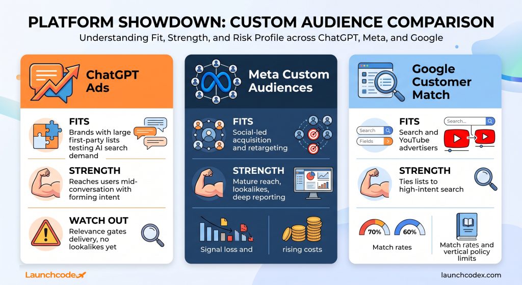 OpenAI custom audiences for ChatGPT Ads, explained 4 ChatGPT vs Meta vs Google customer match
