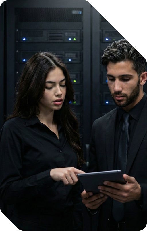 Two professionals reviewing data on tablet