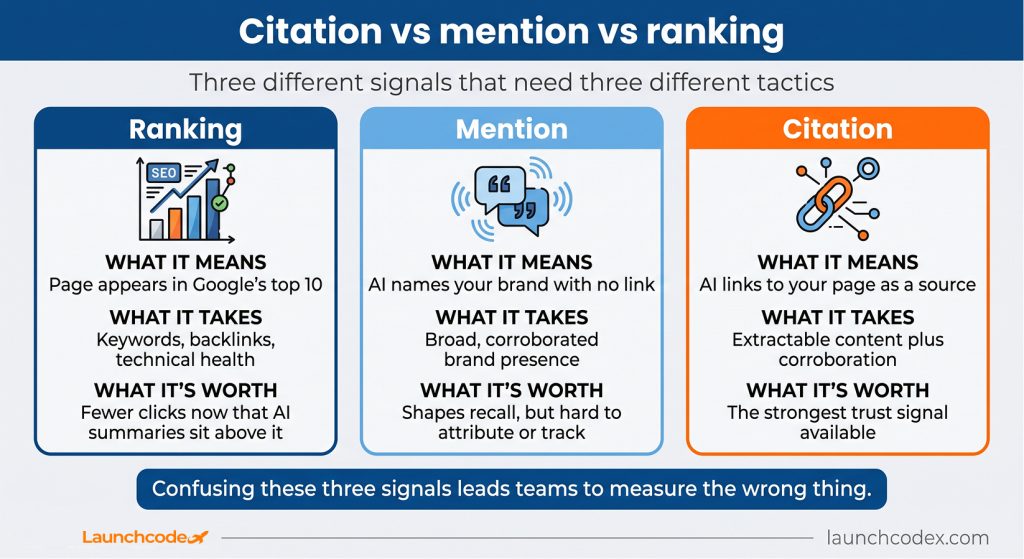 How to earn citations in AI search: A practical guide for brands 2 Citation vs mention vs ranking